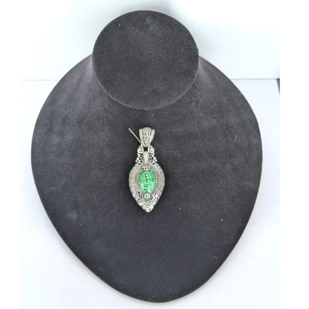Sarda Artisan Bali 925 Silver Green Indonesian Fossilized Coral Pear Pendant